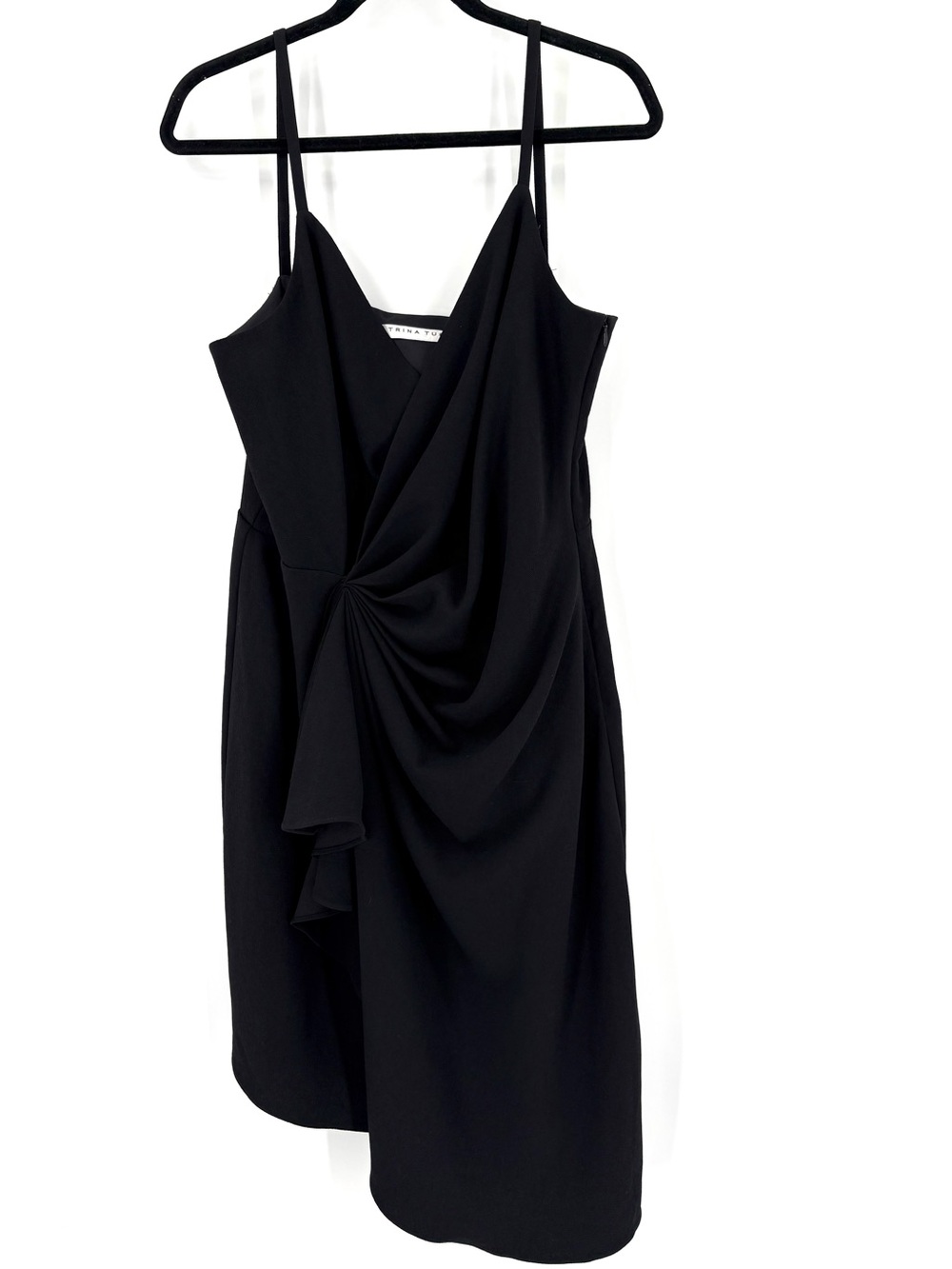 Trina Turke Alida Surplice Cocktail Party Dress Black Asymmetric Faux Wrap Sz 10